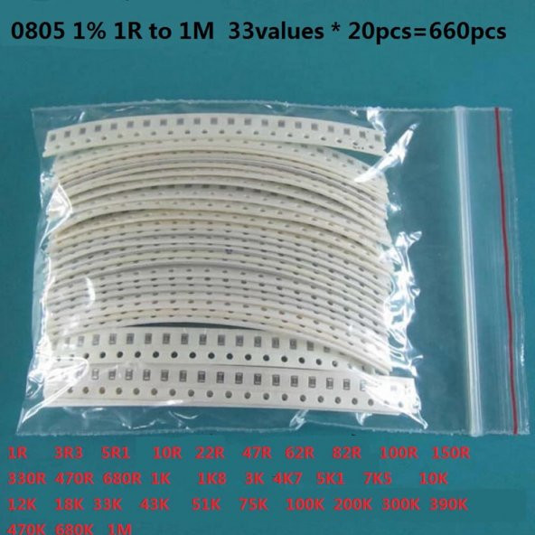 660 Parça Direnç Seti - 0.125W 0805 SMD - 33 Farklı Direnç Seti 20 Adet - Resim 4