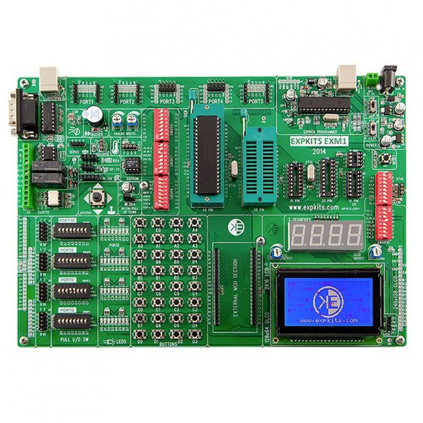 EXM1 8 Bit Microchip PIC Geliştirme Eğitim Kartı+2X16LCD+18F4520