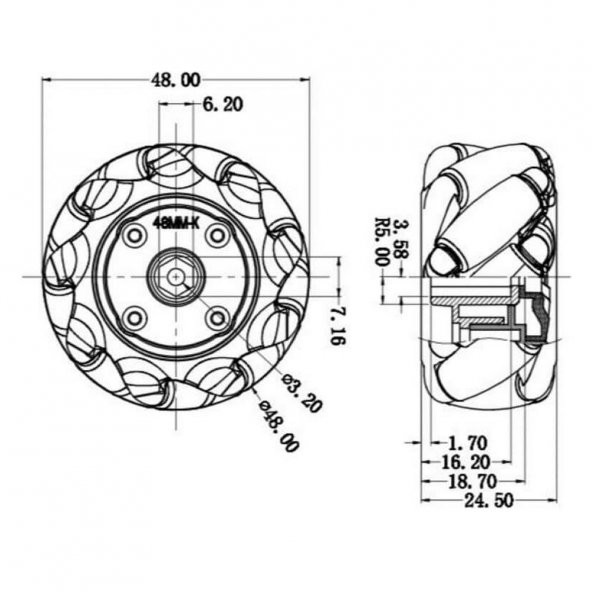 48mm Omni Mecanum Tekerlek Çifti 45 Derece Açılı 9 Roller 1:48 - 7