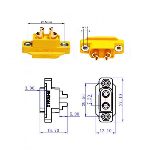 XT60 Panel Montaj Tip Erkek Konnektör Lityum LiPo Pil Akü Batarya Bağlantı Konnektörü - Resim 8