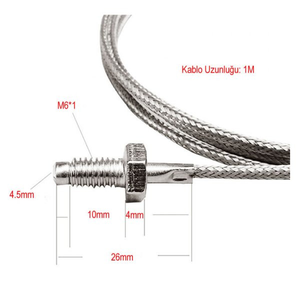 K-Type Thermocouple 1 Metre Sıcaklık Isı Sensörü 0-800C 6mm Dişli - 2