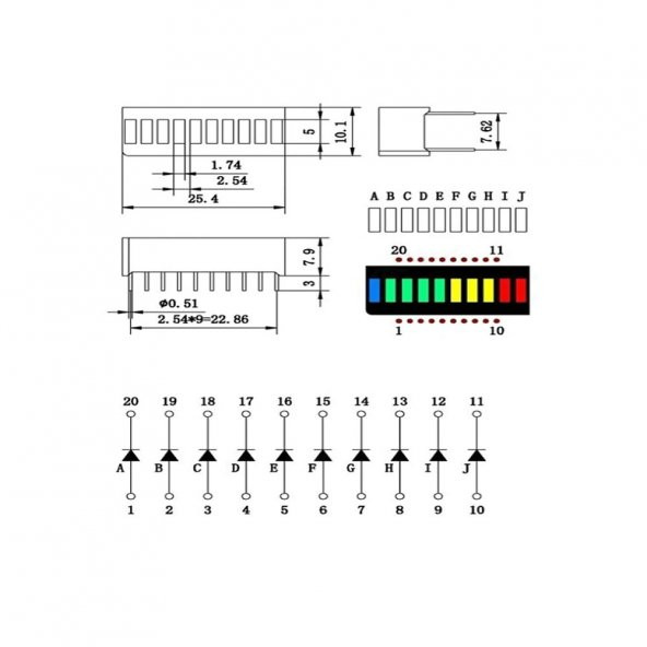 4 Renk Bar Led 10 Segment Akü Batarya Kapasite Doluluk Göstergesi - Resim 7
