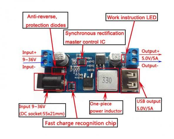 HW-688 Giriş Max 36V Çıkış  5V 5A Voltaj Düşürücü Modül Klemens ve Usb - Resim 8