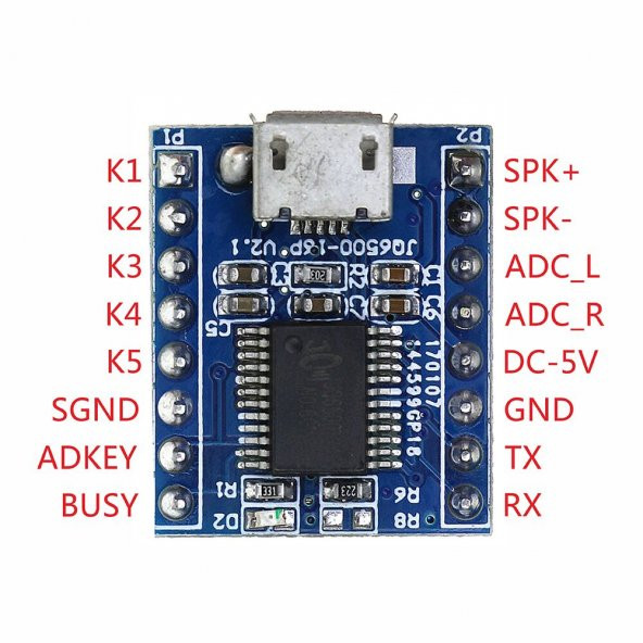 JQ6500 Mp3 Modülü-16Mbit Mini Ses Mp3 WMV 5 TuşluKontrol Microusb - 6