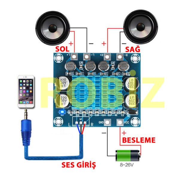 TPA3110 Modül -DC 8V-26V 30+30W Ses Yükseltici Amfi - 7