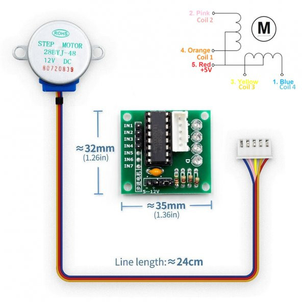 12V 28BYJ48 Step Motor + ULN2003A Sürücü Kartı - 8