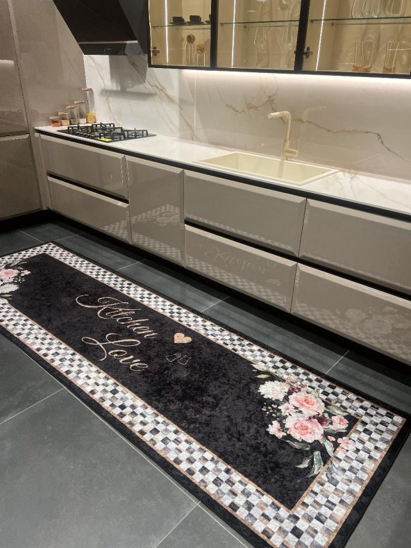 New Collection Özel Kalın Kaymaz Tabanlı  Kitchen Love Yazılı Mutfak Halısı  Siyah 130 x 190