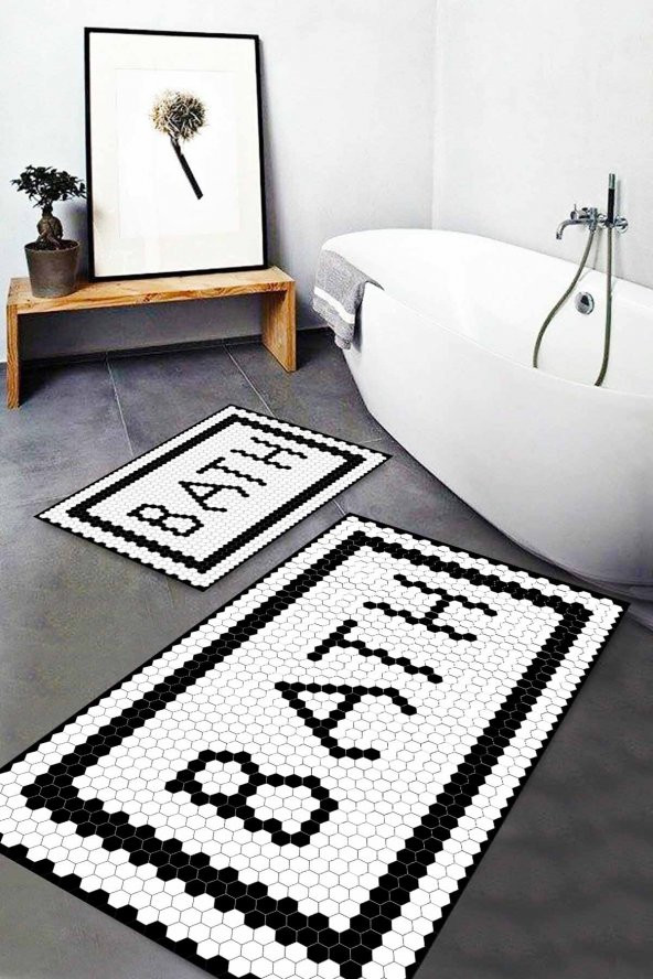 Siyah Bath Yazılı 2li Halı Takımı (60x100/40x60) - WLLY820