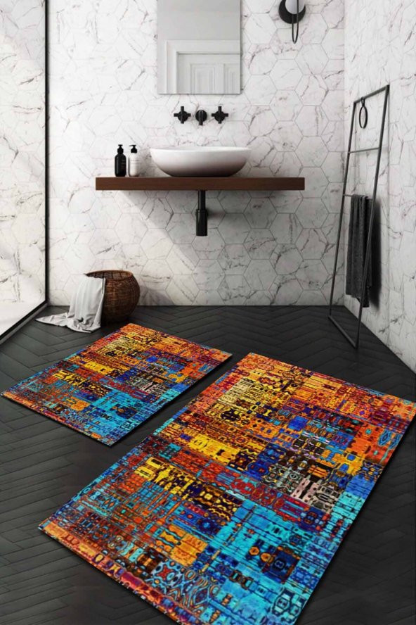 Renkli Kilim Desenli 2li Halı Takımı (60x100/40x60) - WLLY1312