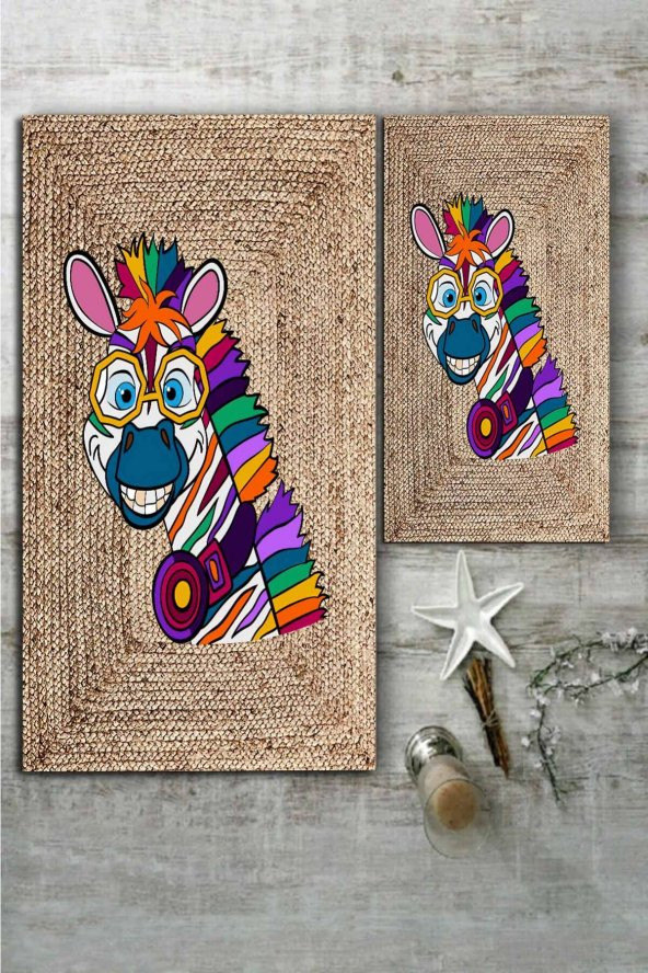 Renkli Zebra Desenli Jüt 2li Halı Takımı (60x100/40x60) - WLLY1266 - 2