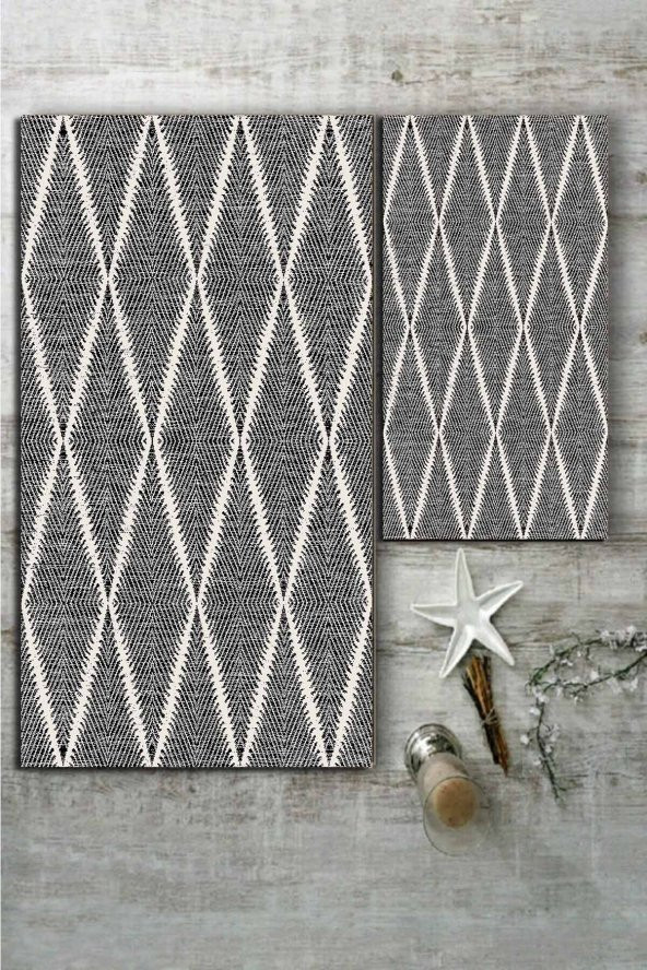 Baklava Desenli Siyah-Beyaz 2li Halı Takımı (60x100/40x60) - WLLY1214 - 2