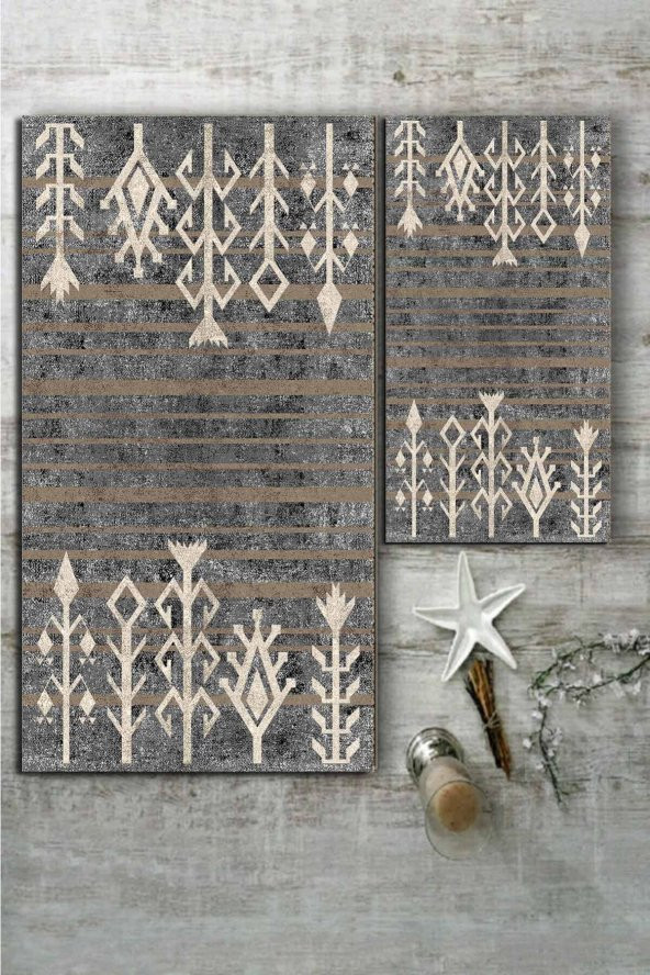 Gri Etnik Desenli 2li Halı Takımı (60x100/40x60) - WLLY1207 - 2