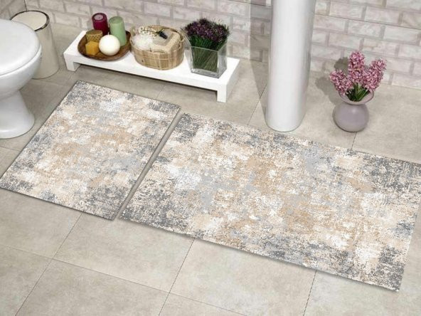 Gri-krem Eskitme Desenli 2li Banyo Halı Takımı (40x60/60x100)