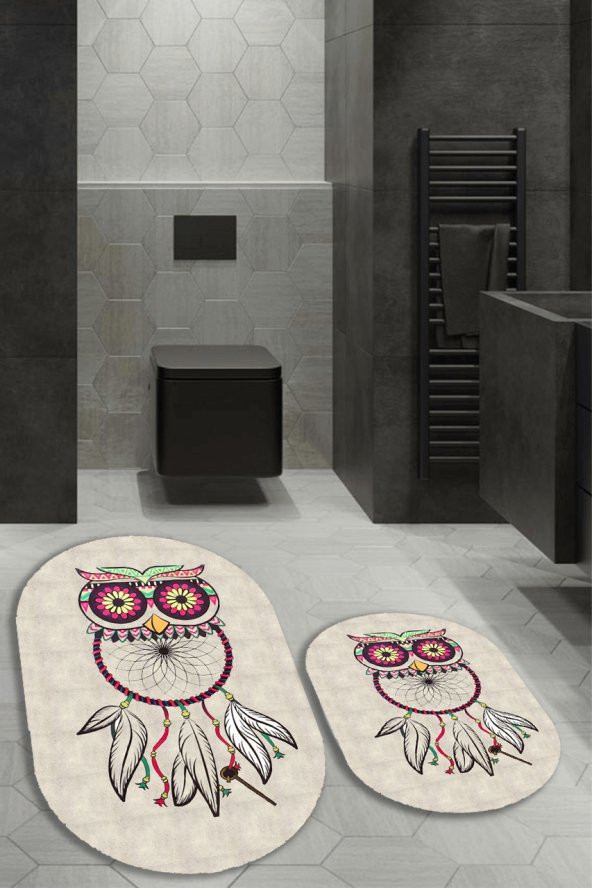 Renkli Baykuş Desenli 2li Banyo Halı Takımı (40x60/60x100)