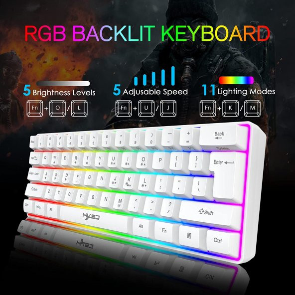 BİLGE Kablolu Kompakt oyun klavyesi Mini 61 Tuşları 11 RGB Arka ışık Efektleri Tuşları. - 4