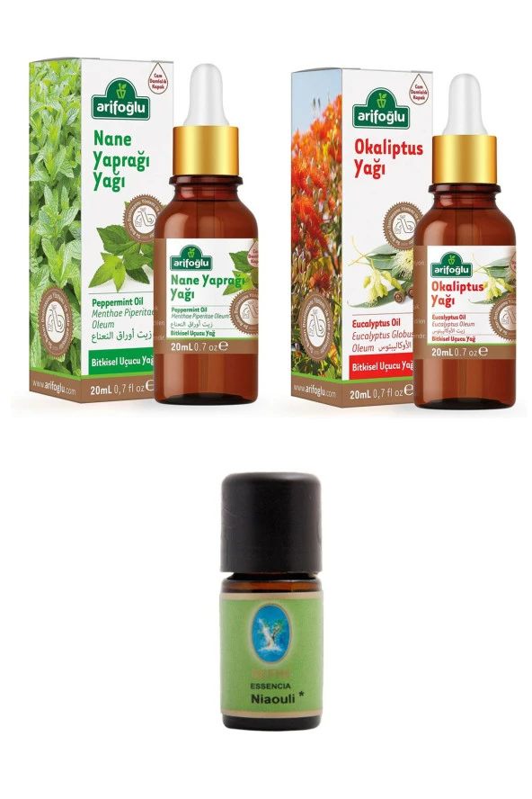 Arifoğlu Mentol Set Arifoğlu Nane Yağı 20 ml - Okaliptus Yağı 20 ml - Nuka Organik Niaouli Yağı 5 ml.