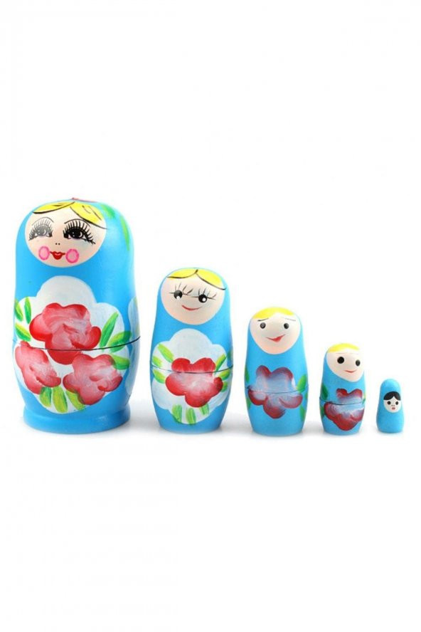 Ahşap Matruşka Bebek Beşli Set Mavi - 4