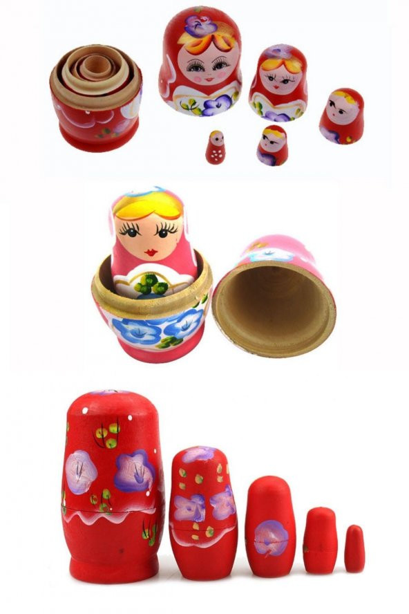 Ahşap Matruşka Bebek Beşli Set Kırmızı - 10