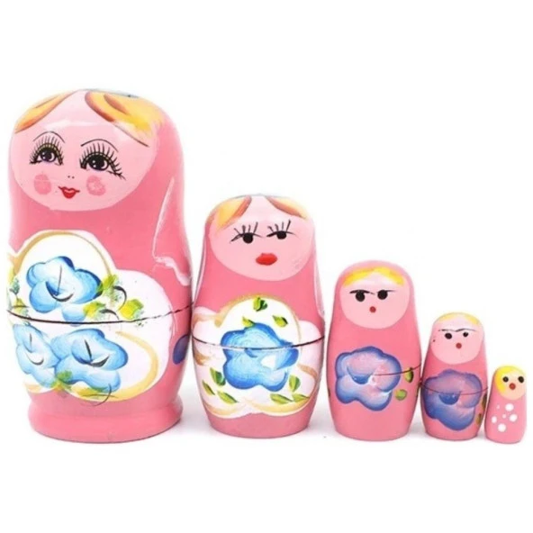 Ahşap Matruşka Bebek Beşli Set Pembe - 2
