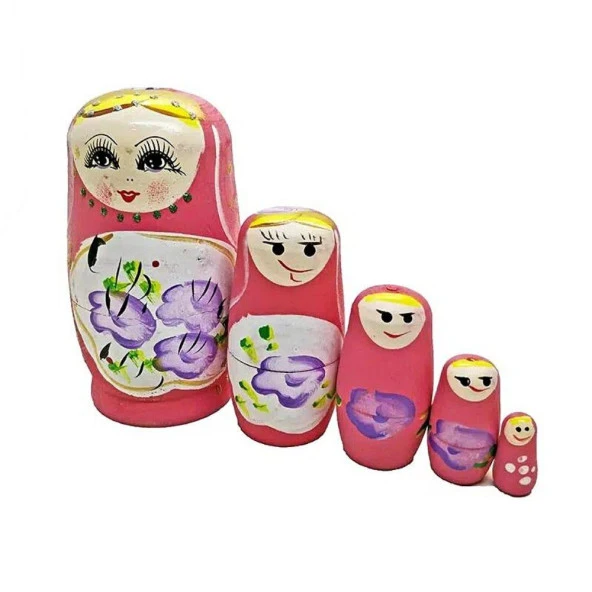 Ahşap Matruşka Bebek Beşli Set Pembe - 5