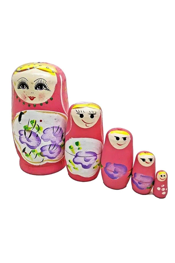 Ahşap Matruşka Bebek Beşli Set Pembe - 10