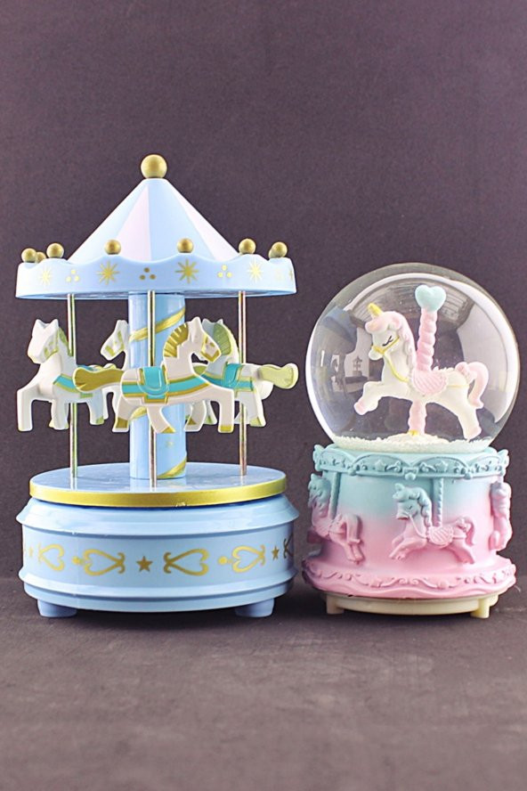 Sevgiliye Hediye Unicorn Kar Küresi Işıklı Müzikli 12 cm ve Mavi Atlıkarınca Set