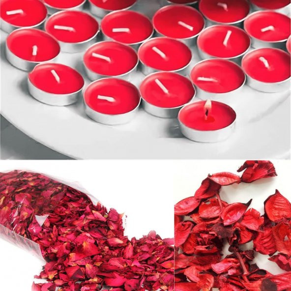 Sevgiliye Hediye 1000 Adet Kuru Gül Yaprağı + 25 Adet Kırmızı Tealight Mum Romantik Süsleme