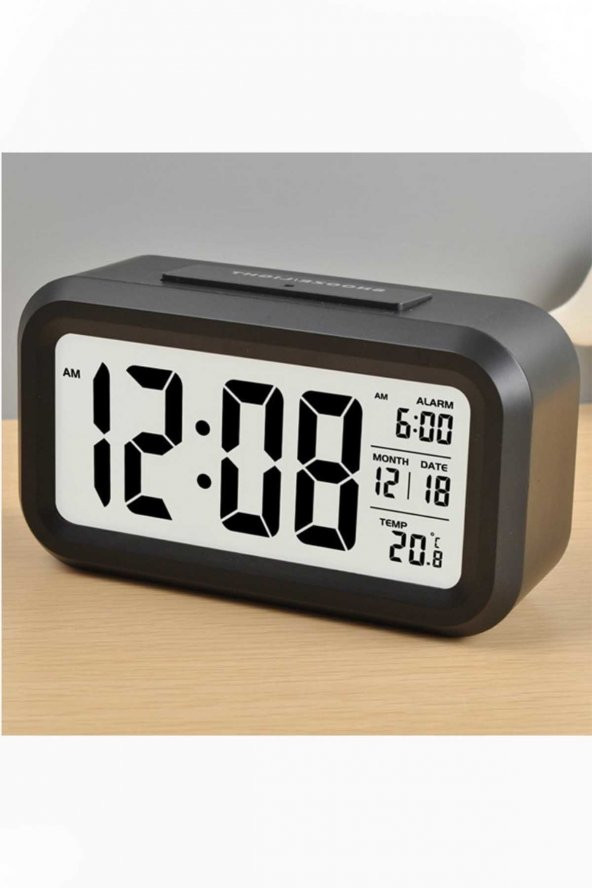 Dekoratif Akıllı Dijital Masa Saati SiyahLcd Işıklı Sensörlü Termometreli Alarmlı Fotoselli Saat