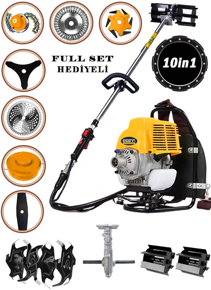 Eisenn Alman BCF 550 10 İn 1 Sırt Tipi Ot Çim Biçme Tırpanı+Toprak Eşeleme+Akrobat Çapa Aparatı Çelik Fırça