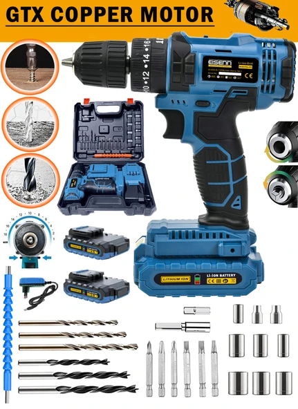 Eisenn German Technology E-1814T V-tech Yeni Nesil Çift Akülü Şarjlı Vidalama Matkap Usta Setli