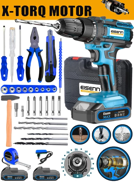 Eisenn Germany Technology Best Max Pro E-1400 Li Çift Akülü Vidalama Şarjlı Matkap 37 Pcs Komple Set