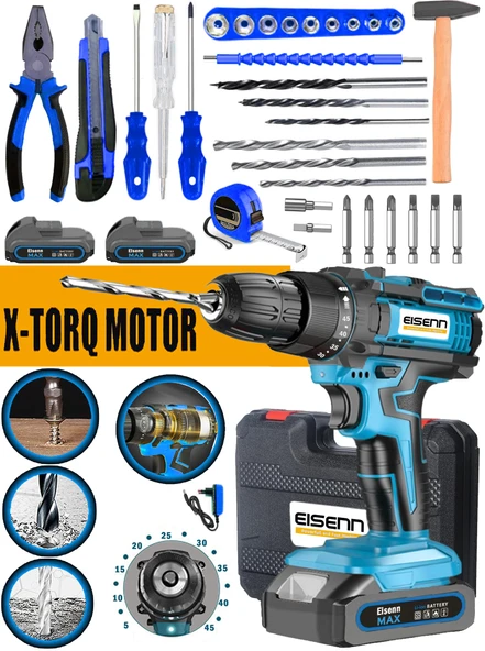Eisenn Germany Technology Blue Çift Akülü Vidalama Matkap E-6437 Metal Şanzıman 37 Pcs Komple Set