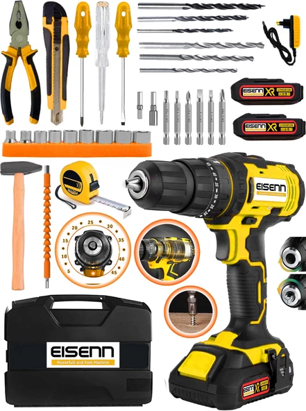 Eisenn Germany Spider E-3737 Yellow 45 Torq Kademeli Çift Akülü Vidalama Matkap 37 Pcs Komple Set Hediyeli