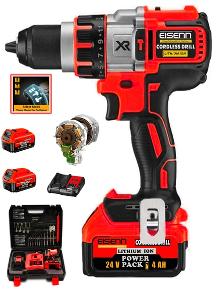 Eisenn German Kömürsüz Motor XR-RED Darbeli 13 Mm Şarjlı 2 Akülü Vidalam Matkap 10 Pilli 84 Pcs Set - 2