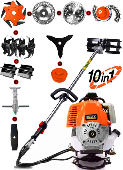 Eisenn German BP 454 10 İn 1 Sırt Tipi Ot Çim Biçme Tırpanı+Toprak Eşeleme+Akrobat Çapa Aparatı Çelik Fırça