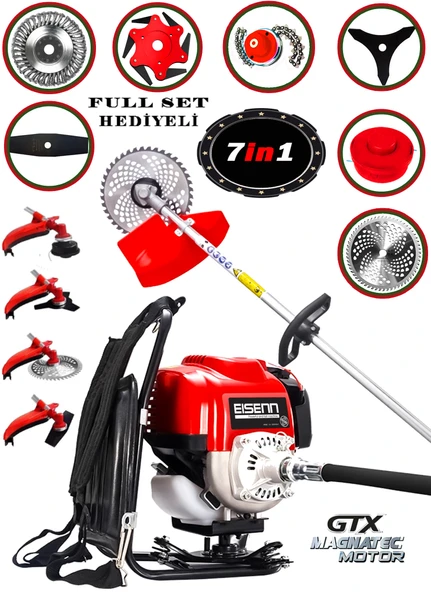 Eisenn Alman 7 İN 1 Sırt Tipi Benzinli Motorlu Ot Çalı Tırpanı Çim Biçme Makinesi Canavar Başlık 20 HP