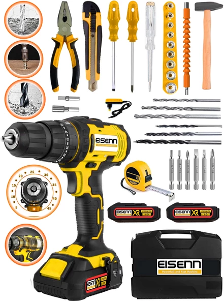 Eisenn Alman Teknoloji Jake E-1637 Bakır Sargı Motor 2 Akülü Seri Vidalama Matkap 37 Pcs Combo Set