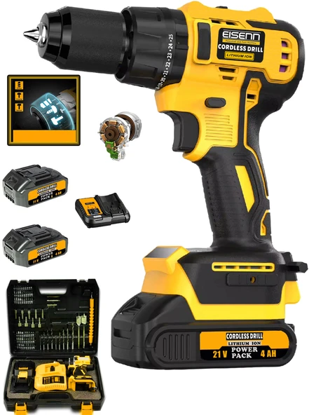 Eisenn German BL Kömürsüz Motor E-013 Yellow Yeni Sistem Çift Akülü Vidalama Matkap 84 Pcs Set - 2