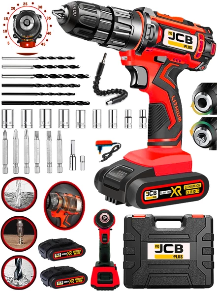 Projcb Plus Germany Super Tekno Red J-7714K Bakır Sargı 45 Kademe Tork Ayarlı Çift Akülü Şarjlı Vidalama Set