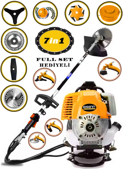 Eisenn Germany EX-553 7 İN 1 Sırt Tipi Benzinli Motorlu Ot Çalı Tırpanı Çim Biçme Makinesi Çelik Fırça