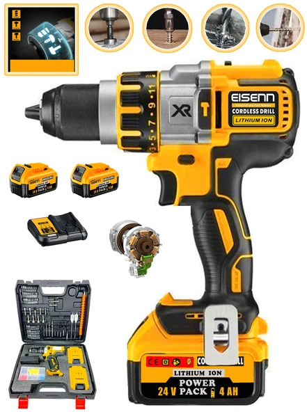 Eisenn German XR-Yellow 24 V Darbeli Kömürsüz Motor Çift Akülü Vidalama Matkap 84 Pcs Set Hediye - 2