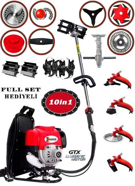 Wacker Pro Alman WR 235 10 İn 1 Sırt Tipi Ot Çim Biçme Tırpanı+Toprak Eşeleme+Akrobat Çapa Aparatı Çelik Fırça