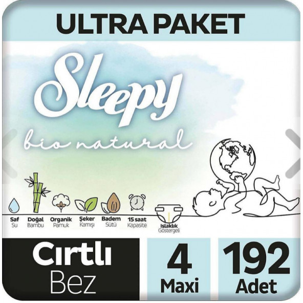 Sleepy Bio Natural 4 Numara Maxi 192'li Ultra Paket Bebek Bezi