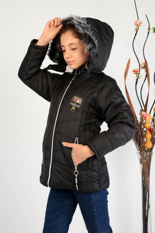 Lugmo Kız Çocuk Montu Kaban Messina Kürklü Siyah - 5