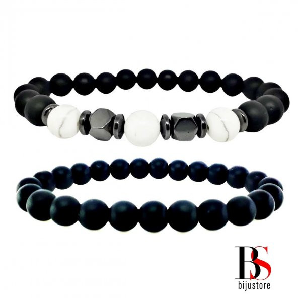 Havlit & Oniks & Hematit İkili Erkek Doğal Taş Bileklik - 2