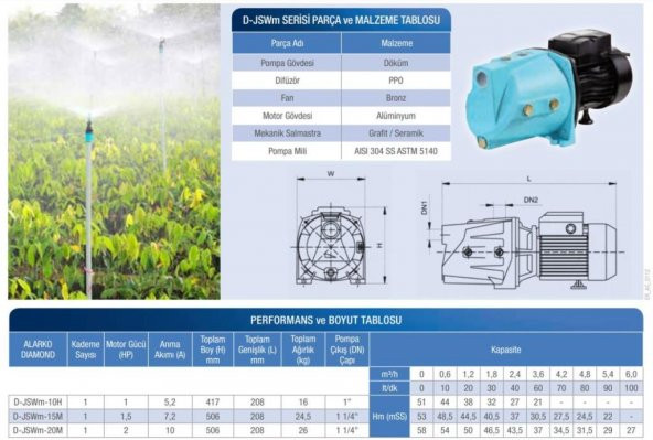 Alarko JET D-JSWM-10H - 1 HP - 220 V Kendinden Emişli Jet Santrifüj Pompa - 3