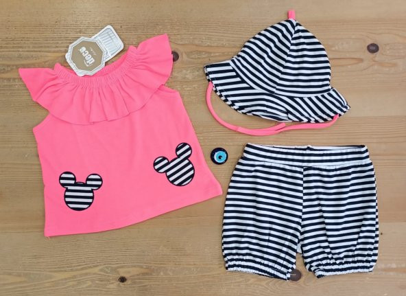 Minnie Mouse İşlemeli Fırfır Detaylı Şapkalı Kız Bebek Şortlu Takım
