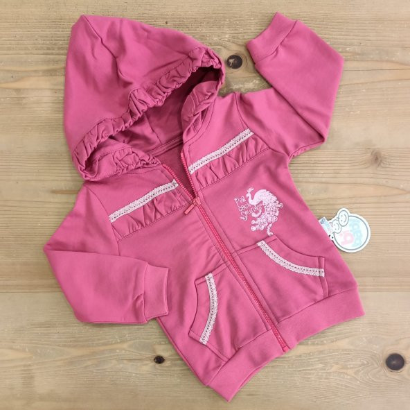 Tavuskuşu Detaylı Kapişonlu Kız Bebek Hırka