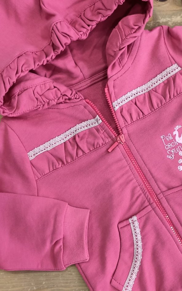 Tavuskuşu Detaylı Kapişonlu Kız Bebek Hırka - 2