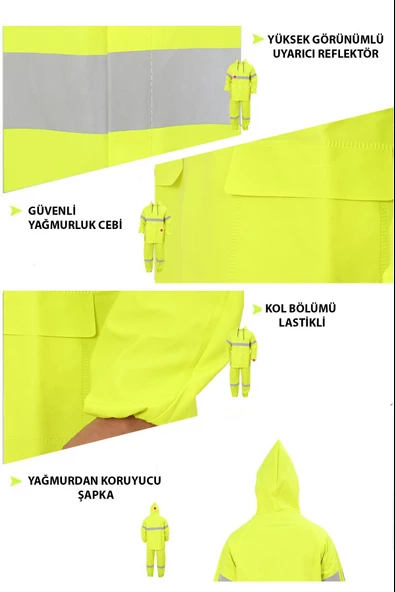 Yüksek Görünümlü Reflektörlü Dikişsiz Fermuarlı Yağmurluk Alt Üst Takım Pvc Su Geçirmez - 6